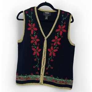 VTG Designers Originals Studio Joy Christmas Sweater Vest poinsettias small